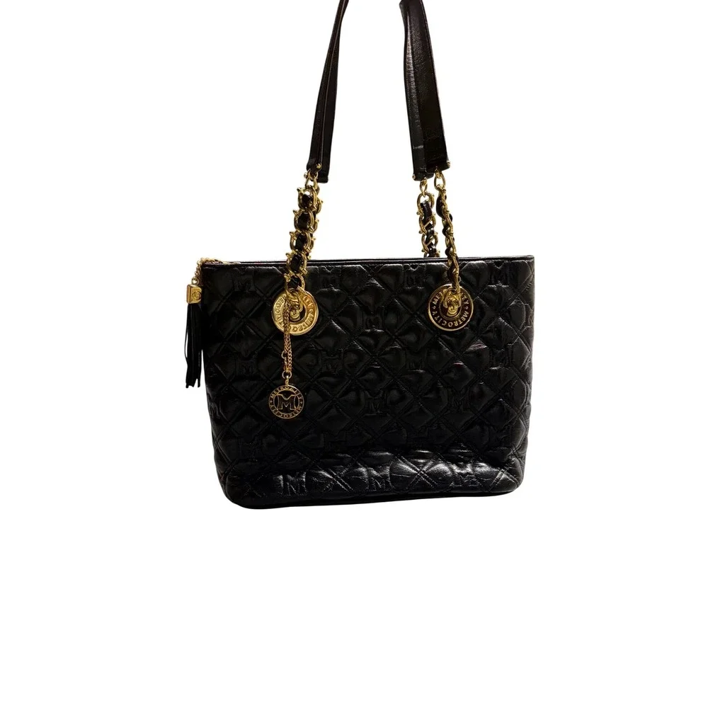 Metrocity Black Quilted Leather Tote Bag Gold Hardware Logo Charm Shoulder Bag